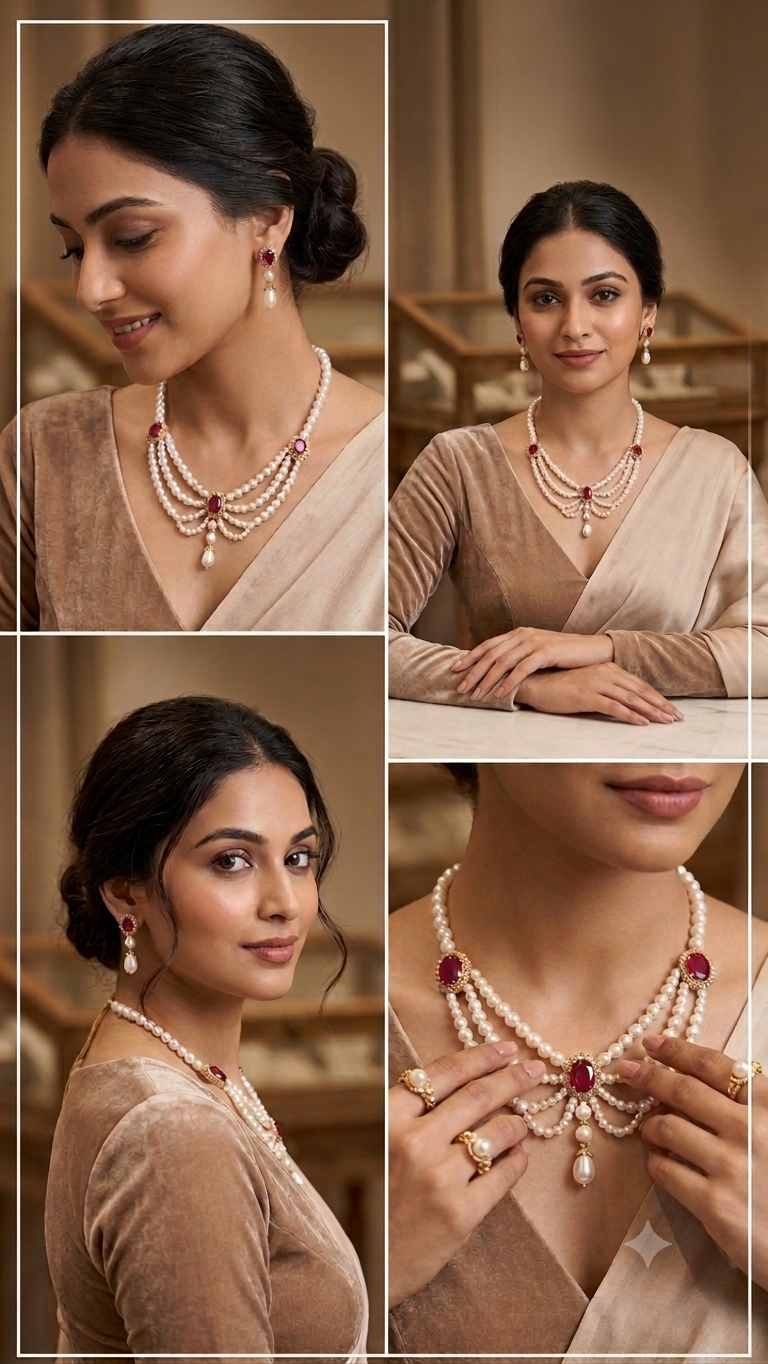 Elegant Pearl & Ruby Statement Necklace Set