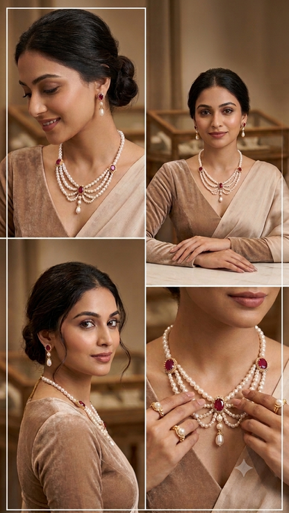 Elegant Pearl & Ruby Statement Necklace Set