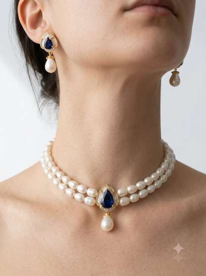 Beautiful Rose Quartz Studded Two Row Pearls Choker Set