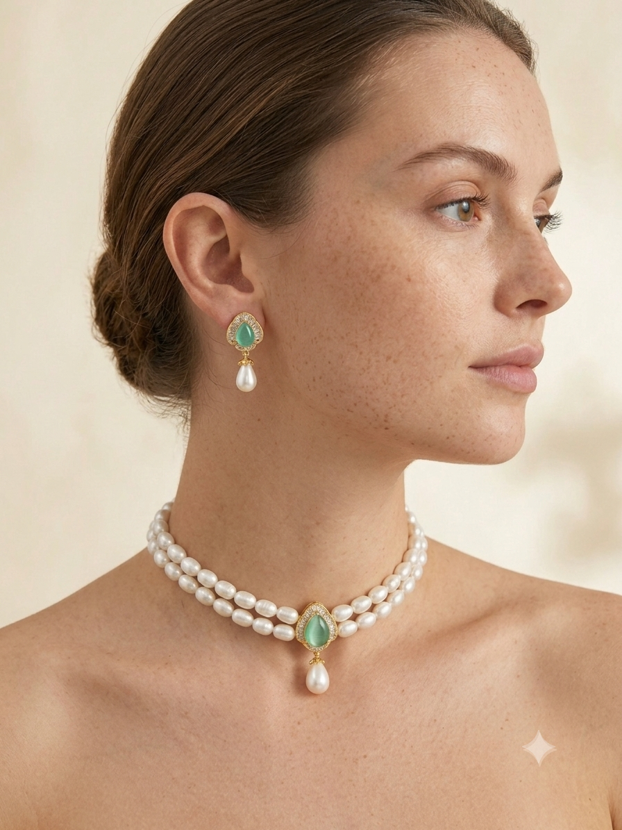 Beautiful Rose Quartz Studded Two Row Pearls Choker Set