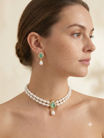 Beautiful Rose Quartz Studded Two Row Pearls Choker Set