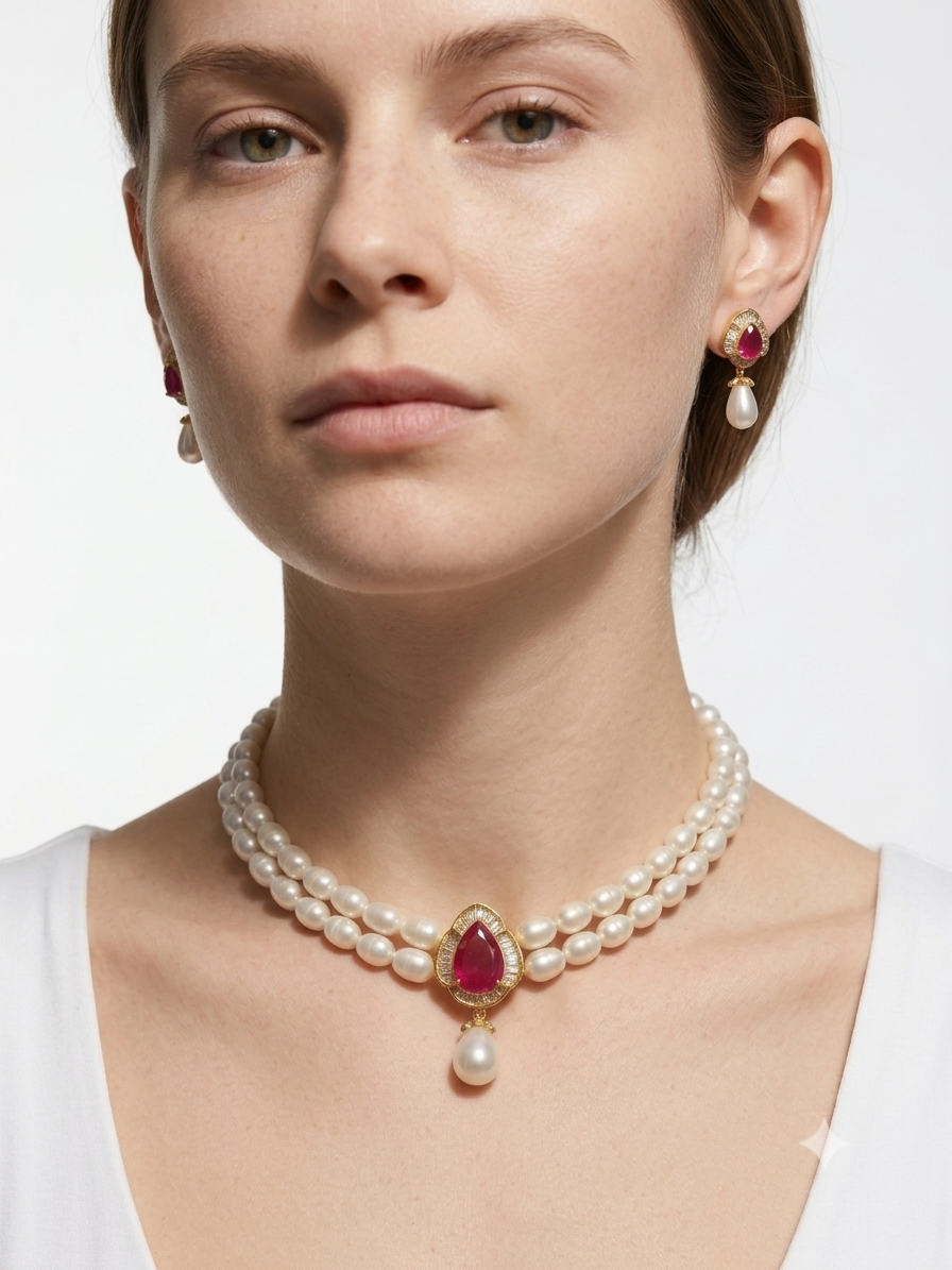 Beautiful Rose Quartz Studded Two Row Pearls Choker Set