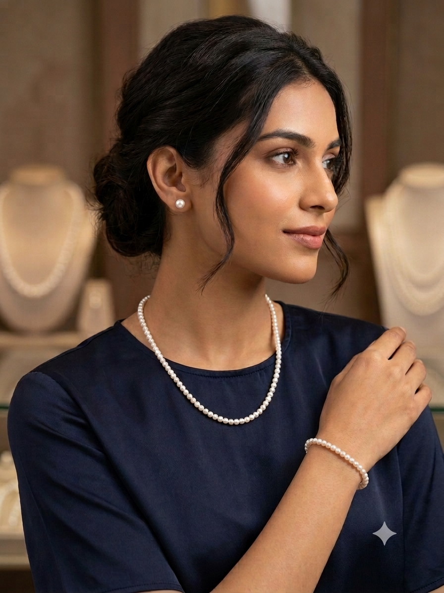 Elegant Round Pearls 6mm Necklace with Bracelet