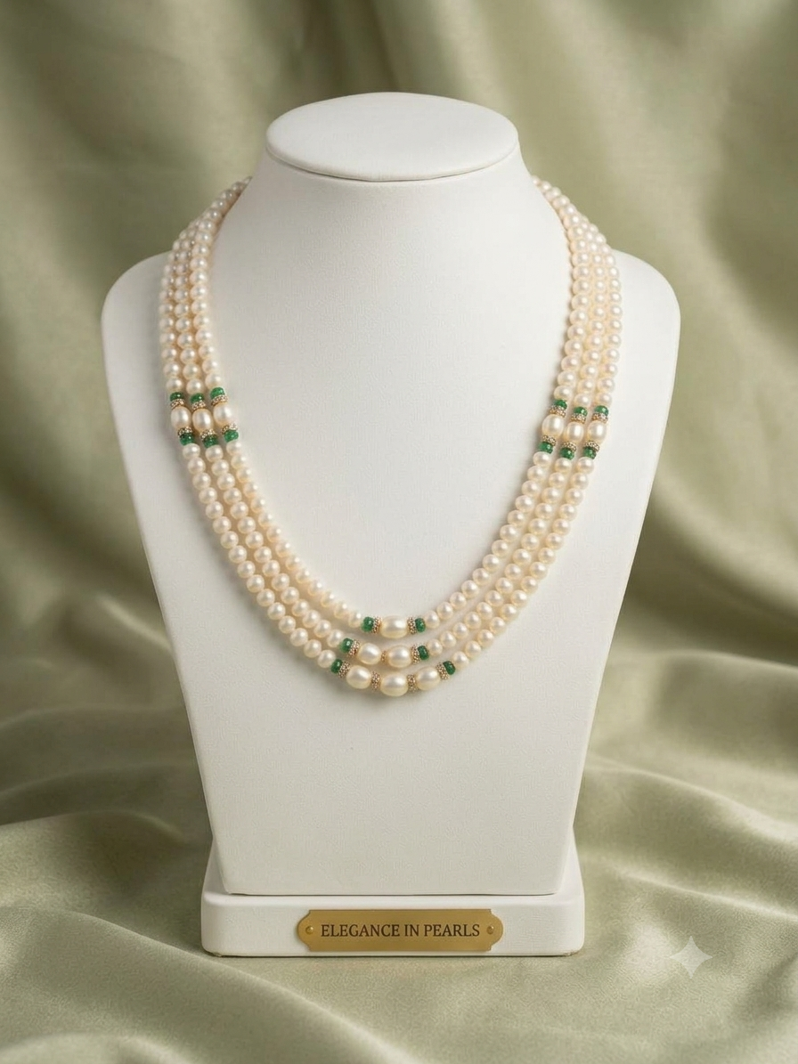 Original Freshwater Pearls 3layered Green Stone Necklace