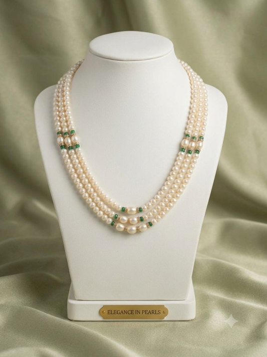 Original Freshwater Pearls 3 layered Green Stone Necklace