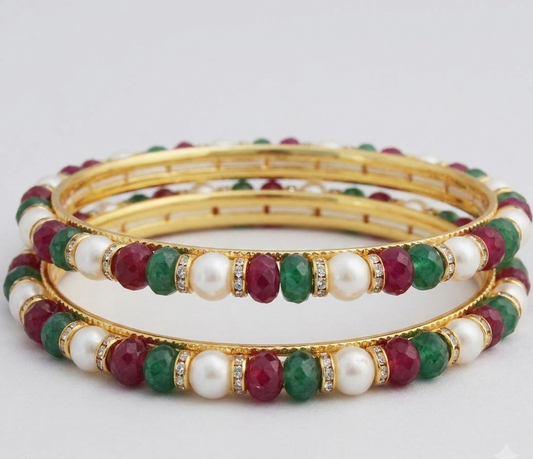 Pearls Bangles With Ruby Emerald Beads