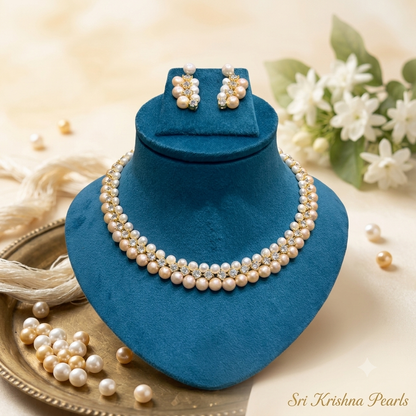 Royal Two-Tone Natural Freshwater Pearl & CZ Necklace Set with Matching Earrings | Sri Krishna Pearls