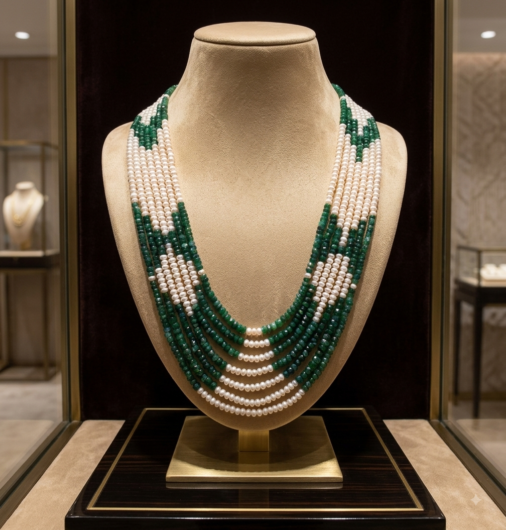 Seven Layered Real Pearls & Certified Beryl Emerald Necklace Set