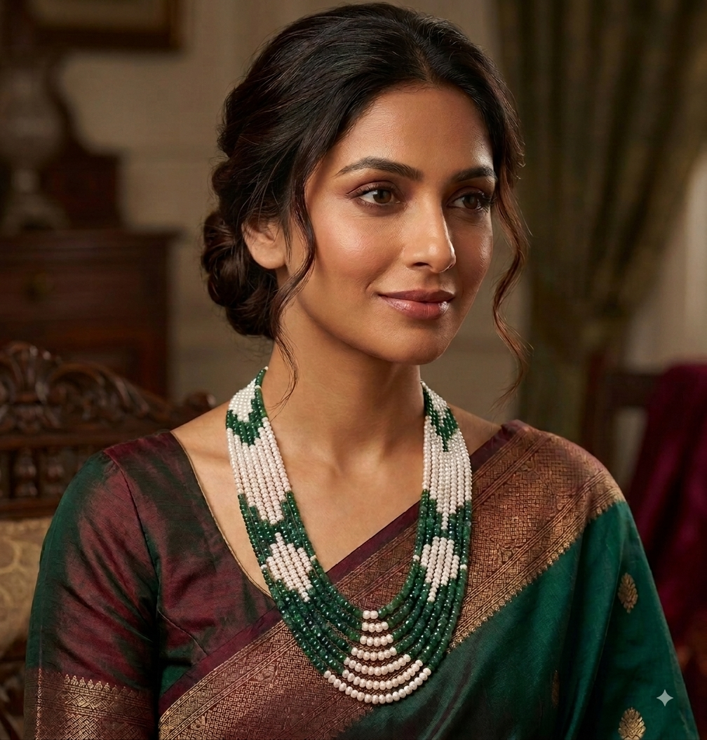 Seven Layered Real Pearls & Certified Beryl Emerald Necklace Set