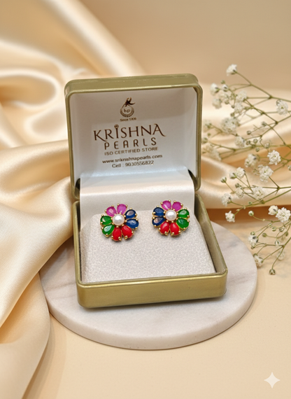 Beautiful Flower Styled Panch Ratna Studded Earrings