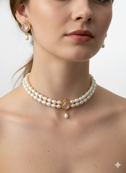 Beautiful Rose Quartz Studded Two Row Pearls Choker Set