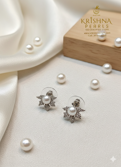 92.5 Silver Post Pin Leaves Pearl Studds