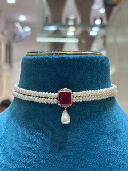 Beautiful Ruby Studded Pearls Choker Set