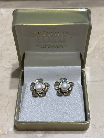 Midnight Blossom Pearl & Grey Enamel Studs
