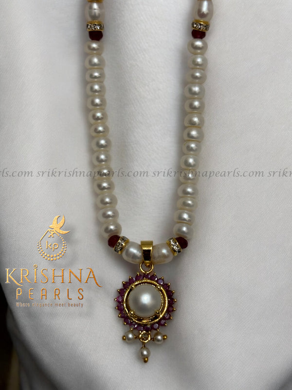 Single Line Natural Pearl Set with Ruby and Button Pearl Accents