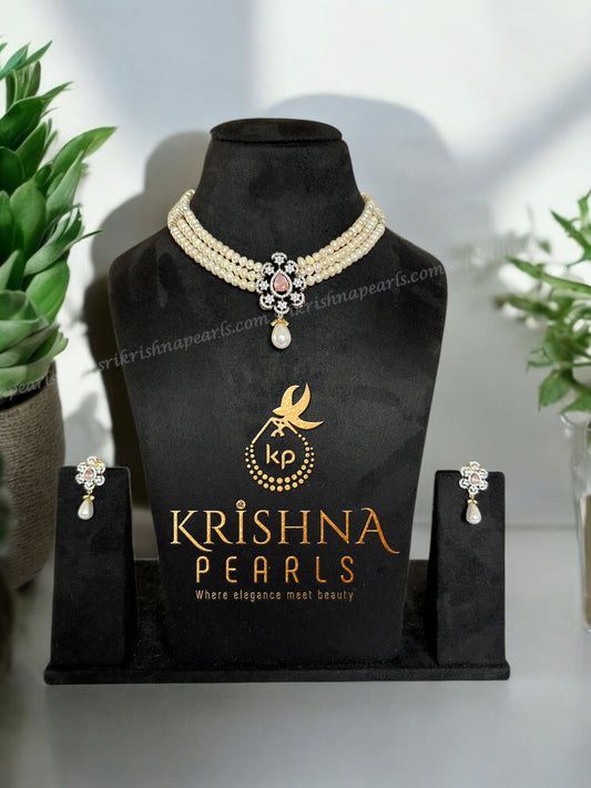 Beautiful Three Line Pearl Necklace Set ( Rose Quartz )