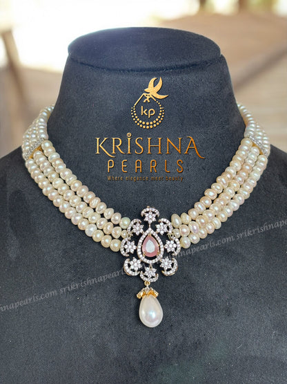 Beautiful Three Line Pearl Necklace Set ( Rose Quartz )