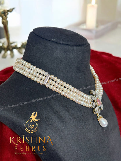 Beautiful Three Line Pearl Necklace Set ( Rose Quartz )