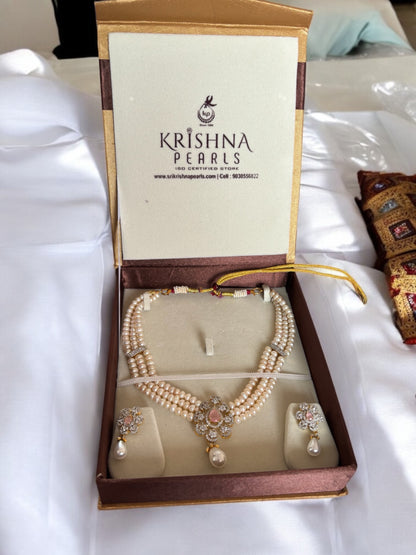 Beautiful Three Line Pearl Necklace Set ( Rose Quartz )