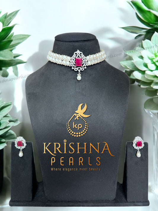 Exclusive Chocker Button Pearl Ruby Set