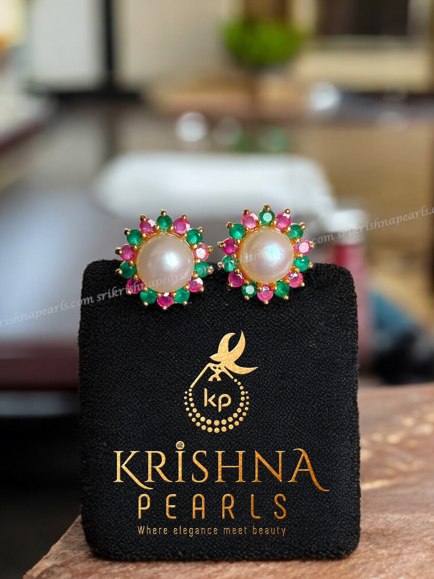 Designer Flower Ruby & Emerald Pearl Studded Earings