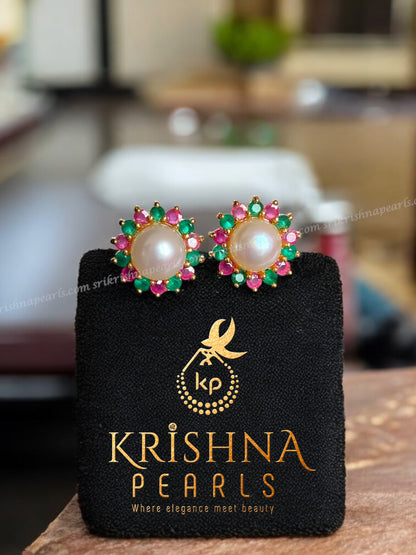 Designer Flower Ruby & Emerald Pearl Studded Earings