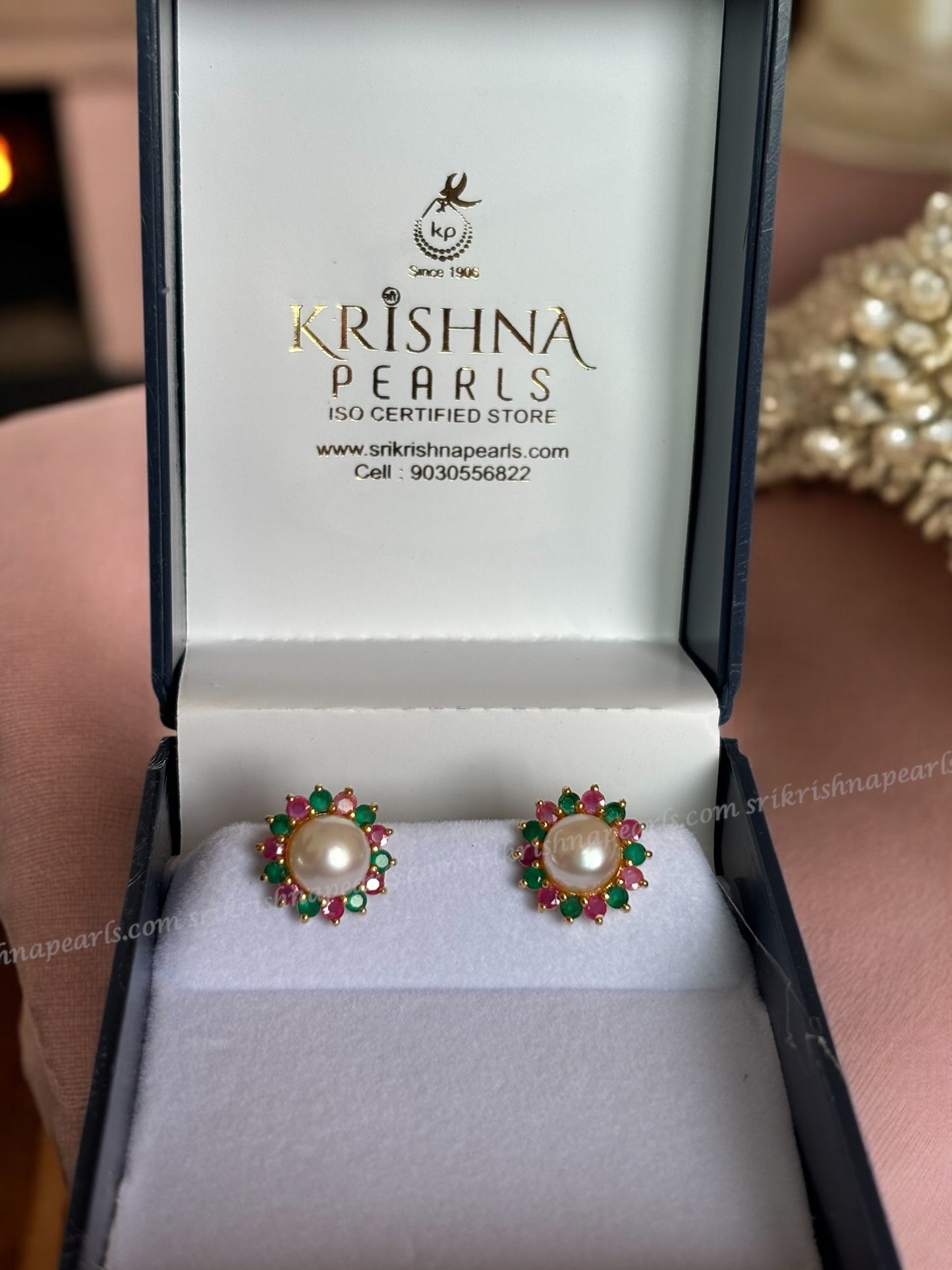 Designer Flower Ruby & Emerald Pearl Studded Earings