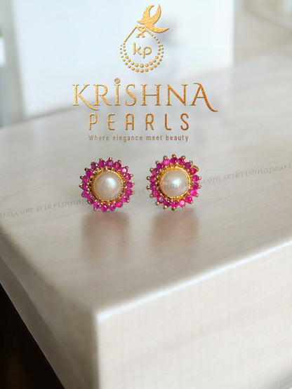 Designer Flower Ruby Pearl Studded Earings