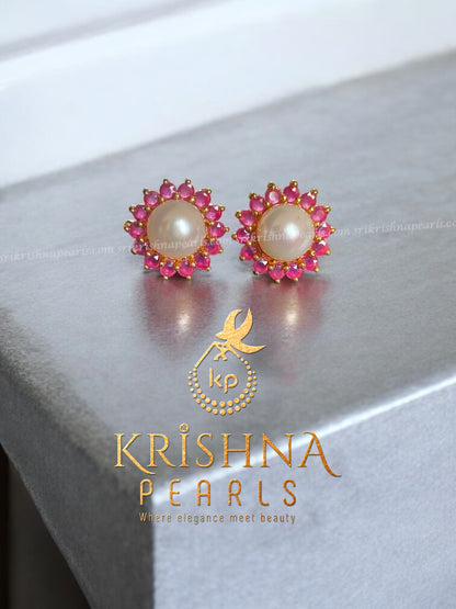 Beautiful Sunflower Ruby Pearl Studded Earrings