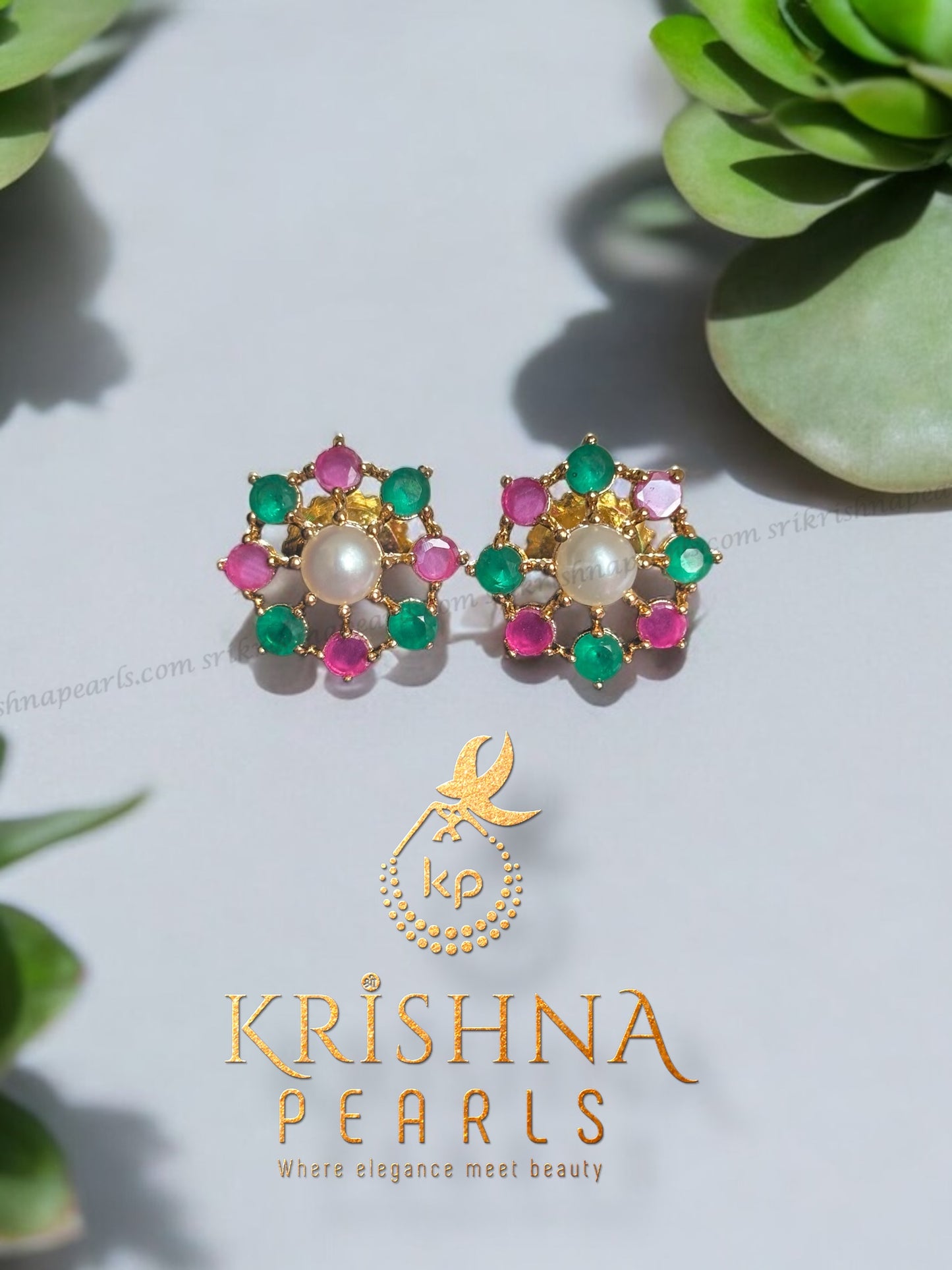 Adorable Ruby & Emerald Pearl Studded Earrings