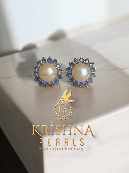 Designer Blue Stone Pearl Studded Earrings