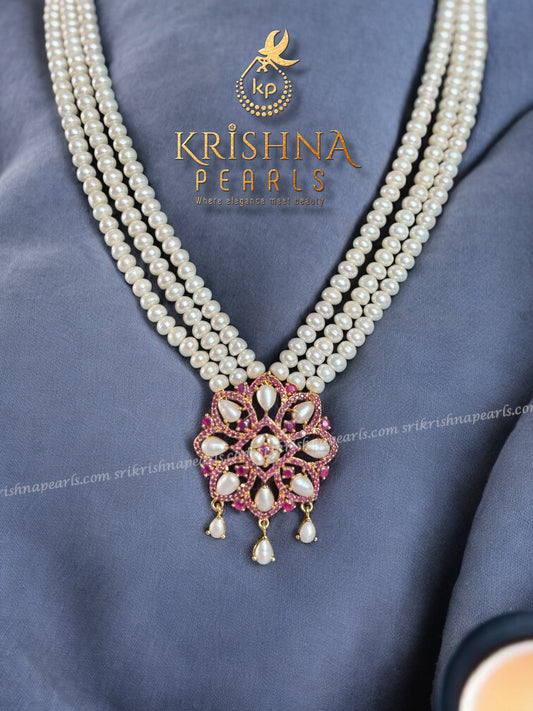 3 Strings Ruby And Pearl Studded Necklace Set