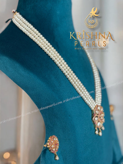 3 Strings Ruby And Pearl Studded Necklace Set