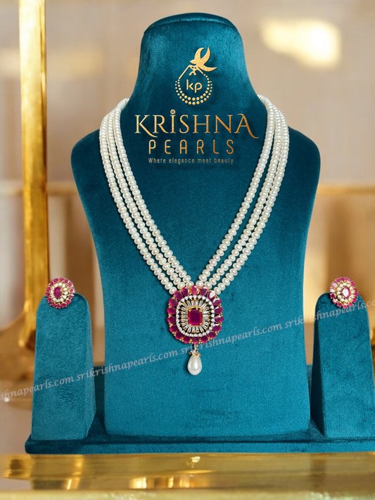 Three Rows Ruby Pearl Locket Necklace Set