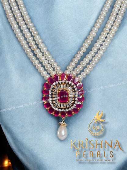Three Rows Ruby Pearl Locket Necklace Set