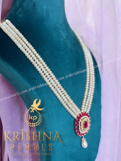 Three Rows Ruby Pearl Locket Necklace Set