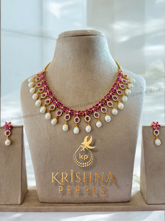 Designer Flower Ruby & Pearl Hanging Necklace Set.