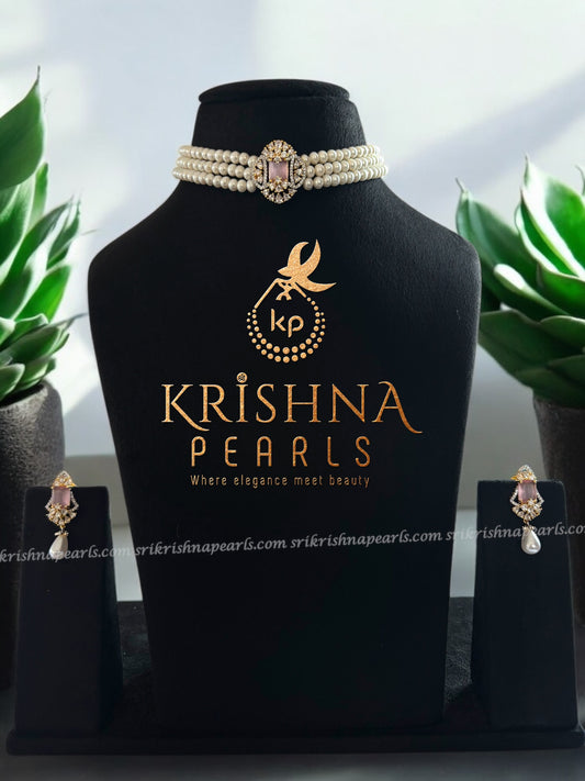 Designer Three Row Choker Pink Pendant Set