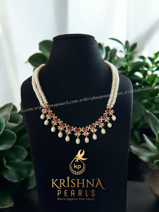 Designer Flower Ruby & Pearl Hanging Necklace Set.