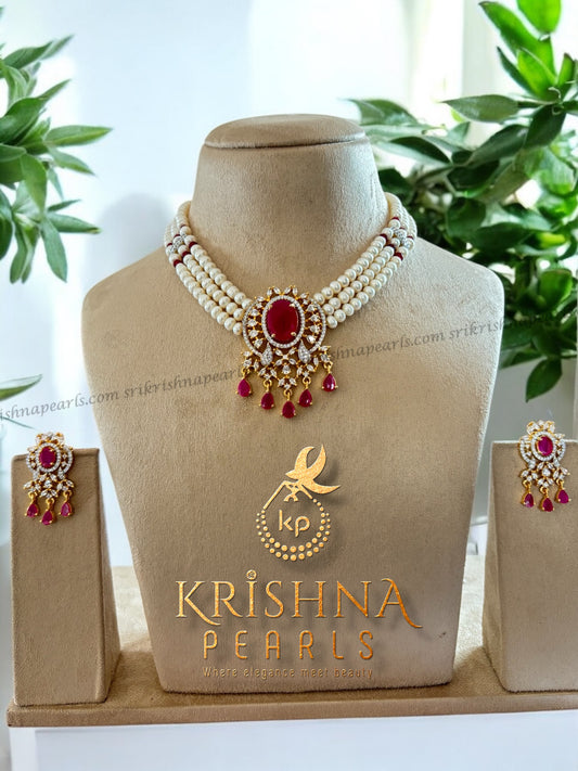 Designer Three Row Choker Red Pendant Set