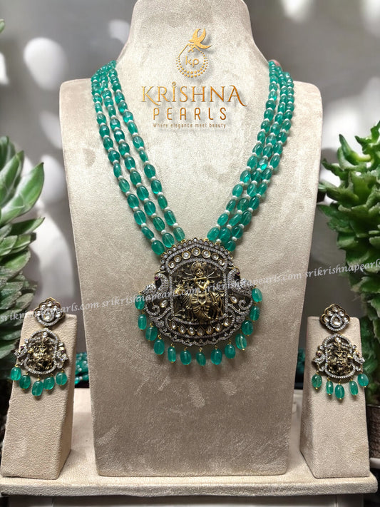Three Line Emerald Beads With Lord Krishna Oxidised Pendent Set