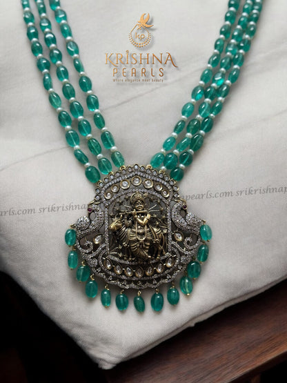 Three Line Emerald Beads With Lord Krishna Oxidised Pendent Set