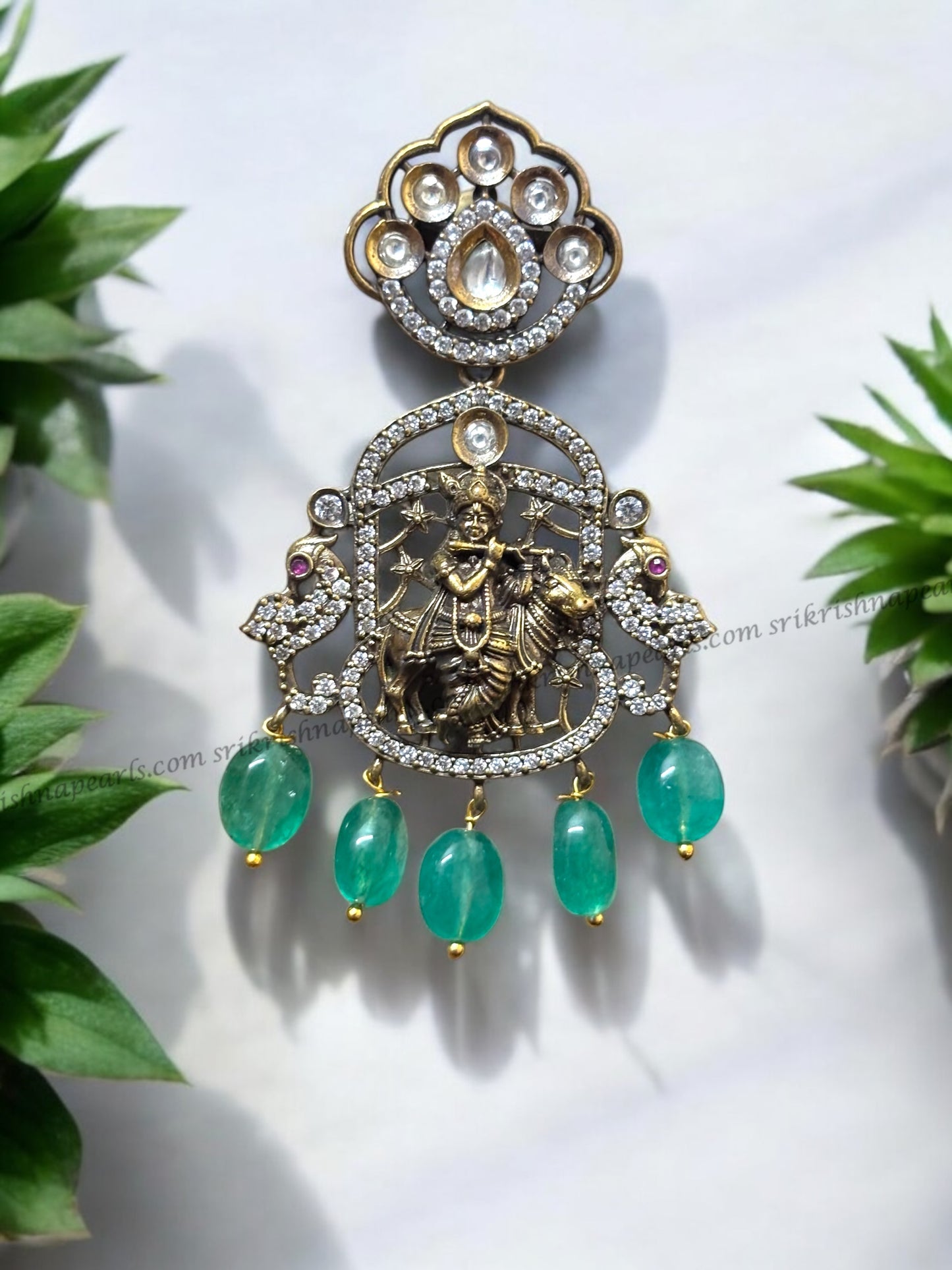 Three Line Emerald Beads With Lord Krishna Oxidised Pendent Set