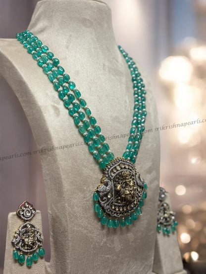 Three Line Emerald Beads With Lord Krishna Oxidised Pendent Set
