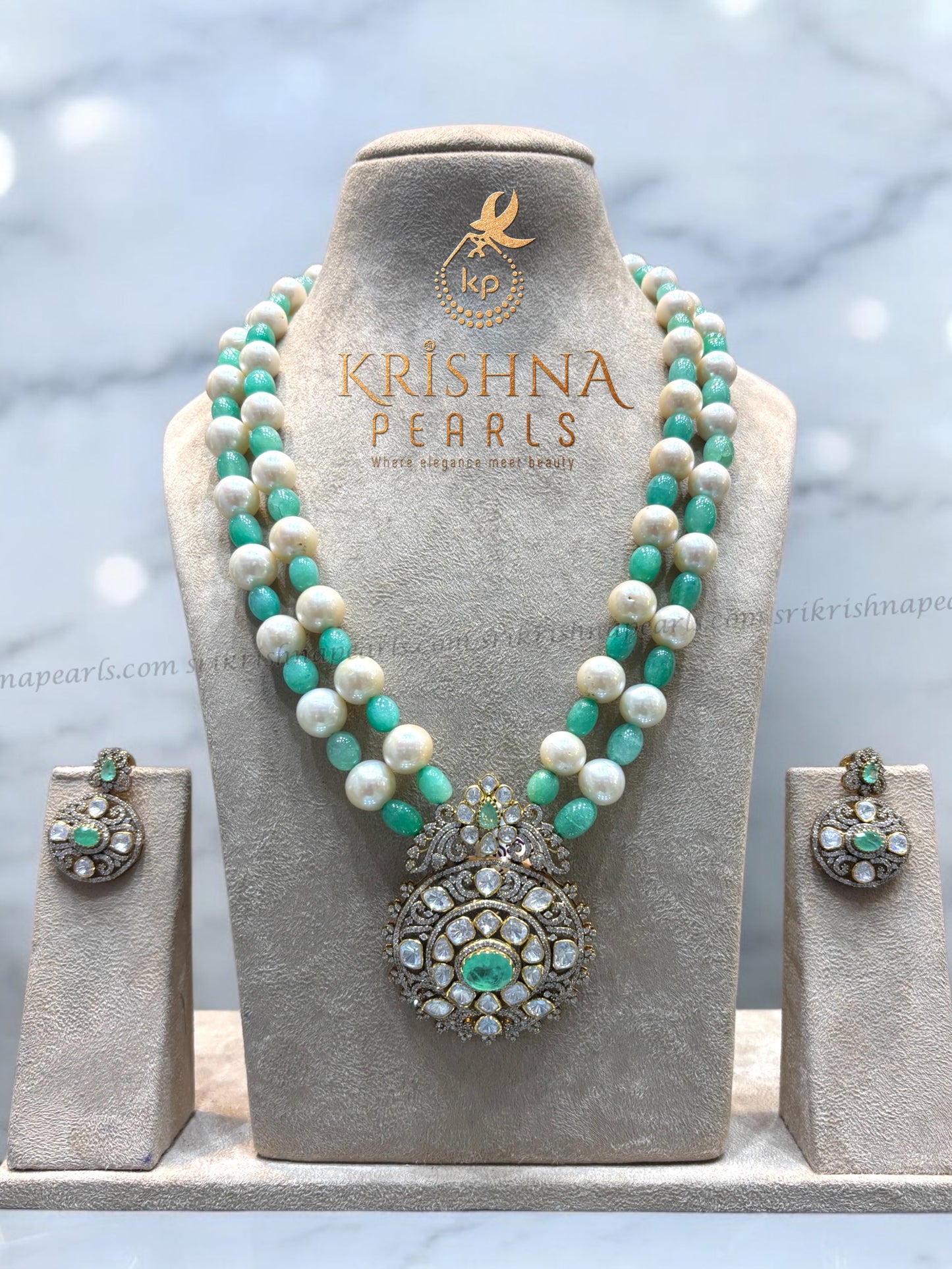 Exclusive 92.5 Silver Emerald Green Stone Zari Polki With Pearl Necklace Set