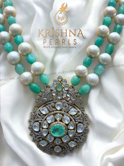Exclusive 92.5 Silver Emerald Green Stone Zari Polki With Pearl Necklace Set