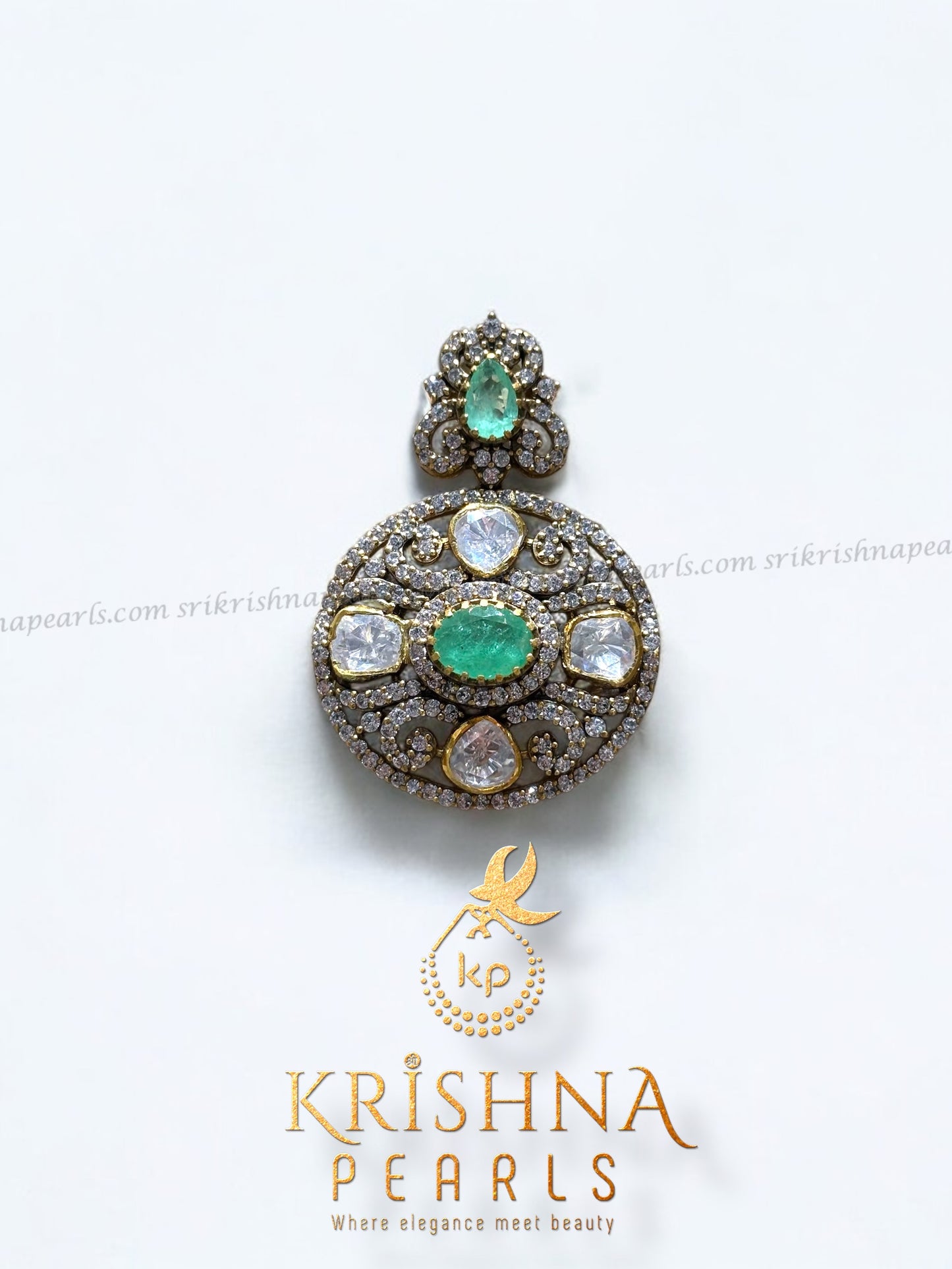 Exclusive 92.5 Silver Emerald Green Stone Zari Polki With Pearl Necklace Set