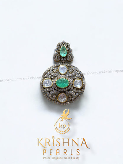 Exclusive 92.5 Silver Emerald Green Stone Zari Polki With Pearl Necklace Set