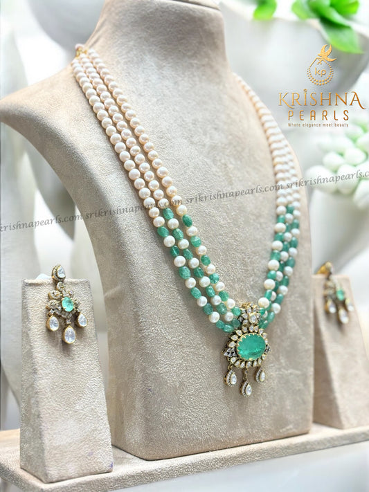 Heritage Heirloom 92.5 Silver Green Stone Zari Polki with Round Natural Pearl Necklace Set