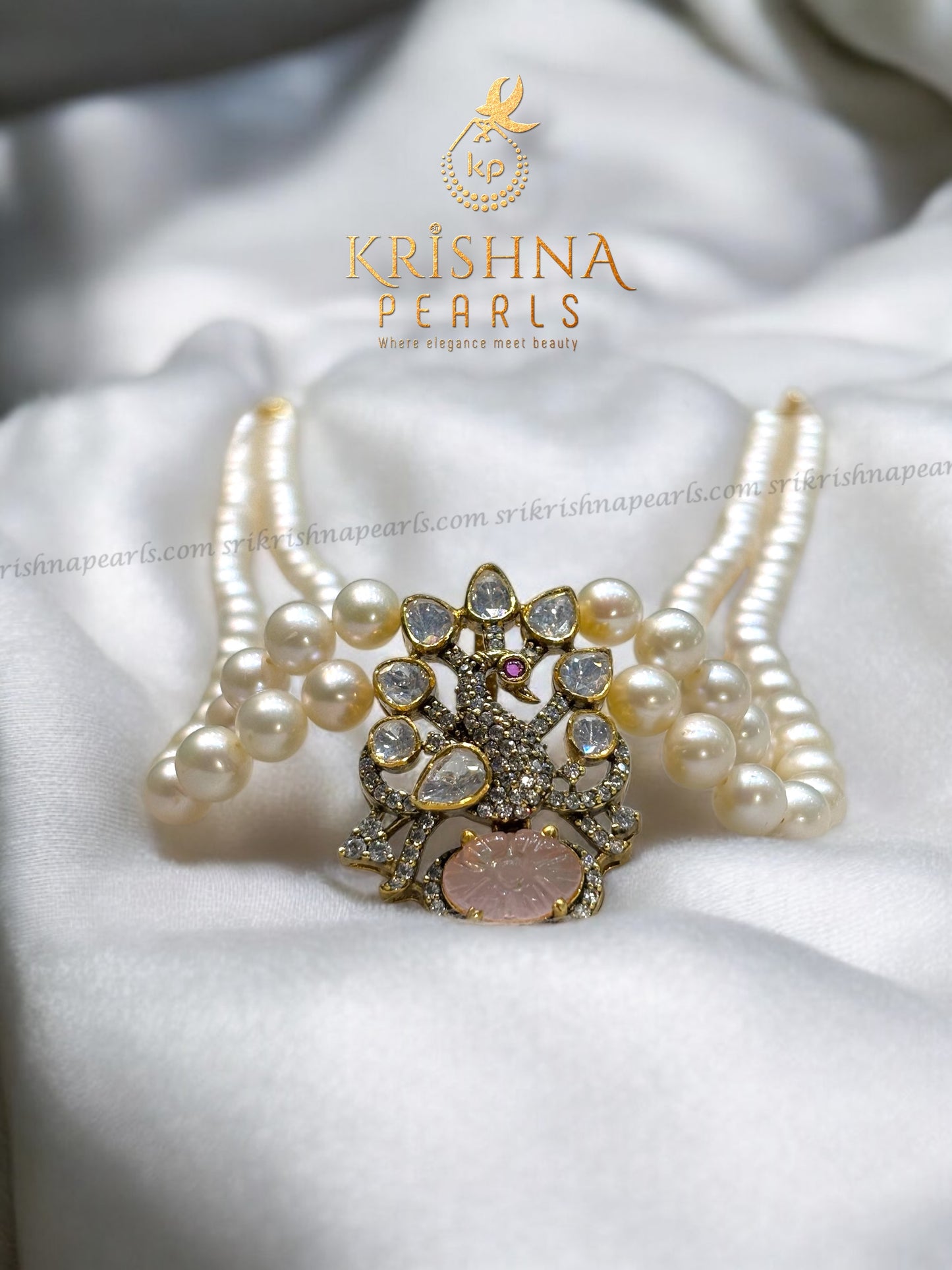 92.5 Silver Swan Charm With Rose Quartz Stone Embosed Necklace Set